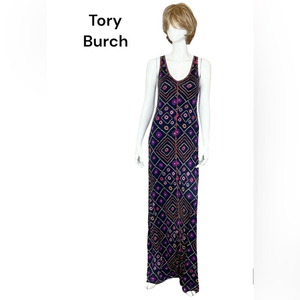 Tory Burch Blue Printed 100% Silk Raceback Maxi Dress S